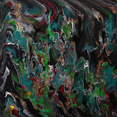 Painting: Altered. Acrylic on canvas. Abstract, black, turquoise, red, green, metallics