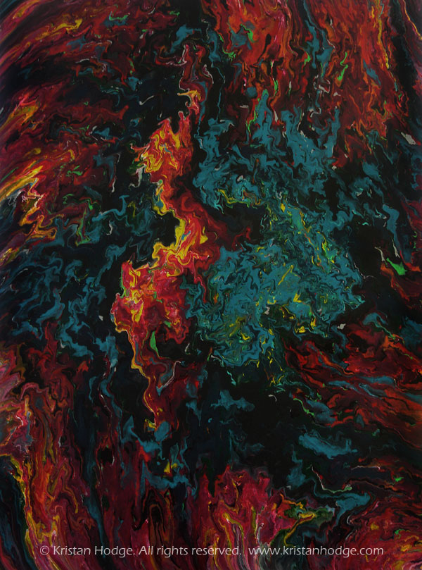 Painting: Hesitation. Acrylic on canvas. Abstract, turquoise, red